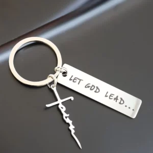 Let God Lead····Faith Cross Porte-clés en acier inoxydable, porte-clés religieux chrétien, porte-monnaie, sac à dos, charme, cadeau quotidien