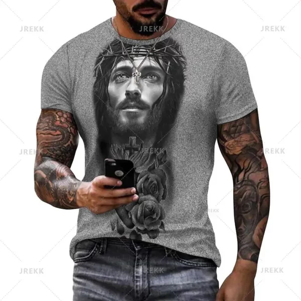 T-shirt à manches courtes imprimé 3D pour hommes et femmes, vêtements de rue décontractés, vêtements vintage, impression graphique du Christ Jésus, pop et hip hop, été – Image 23