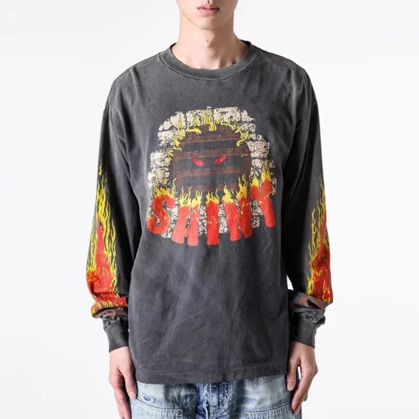 Toutes les saisons meilleure qualité coton Vintage lavé noir endommagé t-shirt hommes femmes jésus imprimé Saint à manches longues t-shirts hauts – Image 29