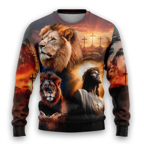 Sweat-shirt graphique Lion chrétien dieu jésus laid pull de noël pour femmes vêtements décontracté croix à manches longues homme pulls – Image 4