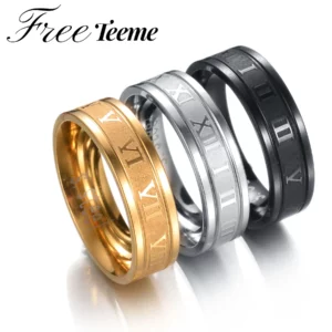 Freeteeme Vintage chiffres romains 6mm largeur bague de mariage mode en acier inoxydable Couple anneaux pour femme hommes bijoux cadeaux d'anniversaire