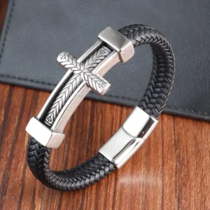 Bijoux croix Vintage en acier inoxydable, Crucifix tissé, Bracelet en cuir véritable, cadeau chrétien pour hommes