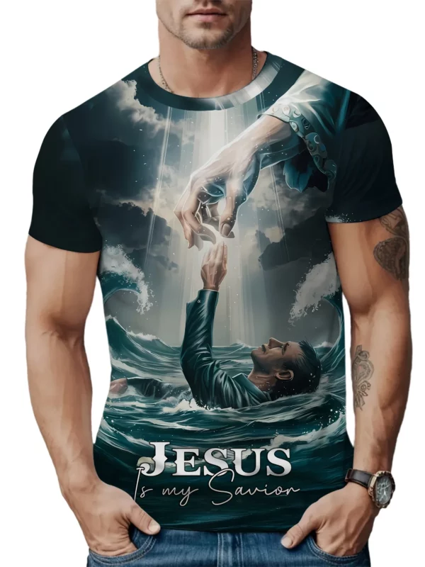 T-Shirt à Manches Courtes et Col Rond pour Homme, Vêtement de Rue, avec Impression Croisée, Graphique de Jésus, Grande Taille, Été – Image 2