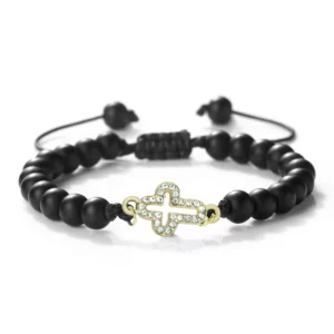 Bracelet tressé réglable en pierre naturelle de 6 mm avec pendentif croix creuse, symboles de l'harmonie spirituelle et des fées sacrées, cadeaux de yoga