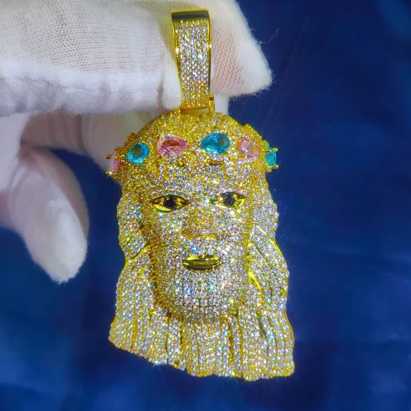 Collier tête de jésus glacé, pendentif Hip Hop, pierres précieuses en Zircon, breloque pour hommes, accessoire de pendentif personnalisé pour le visage du jésus chrétien – Image 13