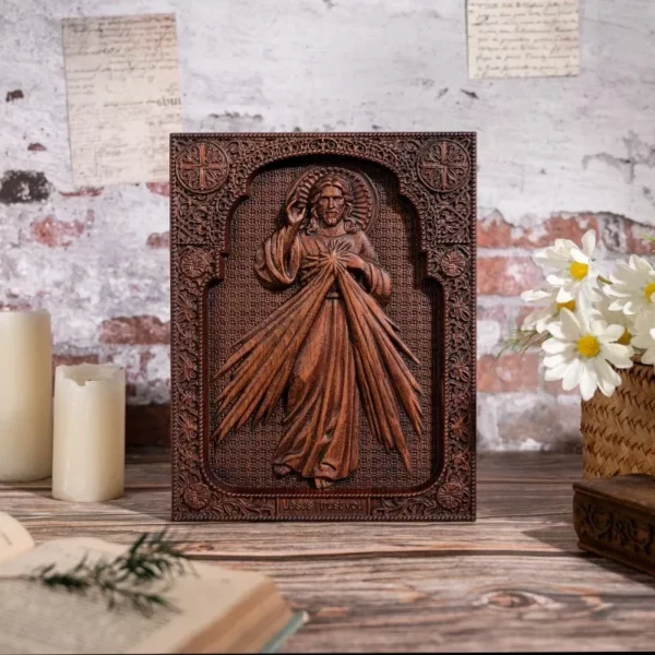 Image de jésus catholique religieux en bois, le sacré cœur et la miséricorde divine, Plaque murale de jésus, Statues sainte – Image 3