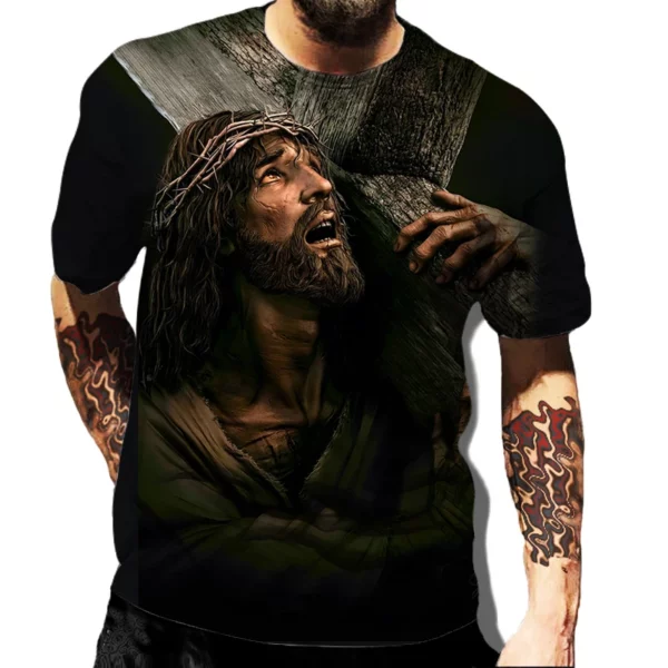Jésus Christ croix 3d imprimé T-shirt hommes T-shirt Design classique décontracté à manches courtes surdimensionné rue mode t-shirts amples hauts – Image 5