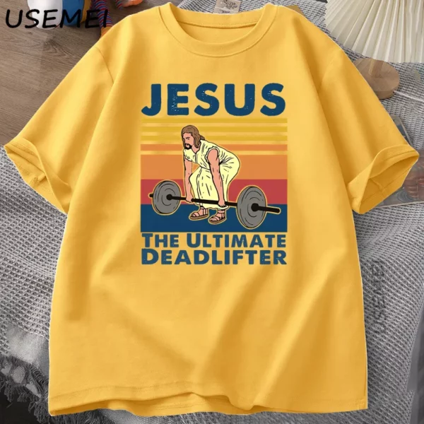 Jésus le dernier Deadlifter t-shirts foi religieuse gymnase T-shirt drôle coton T-shirt hommes Streetwear ample mâle vêtements – Image 7
