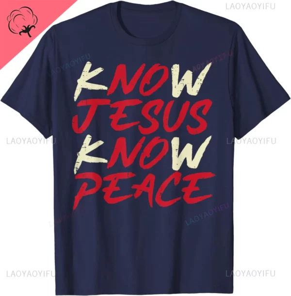 T-Shirt homme femme et enfant, vintage, classique et humoristique, en coton, avec inscription "Know Jesus Know Peace God Faith Christian" – Image 9