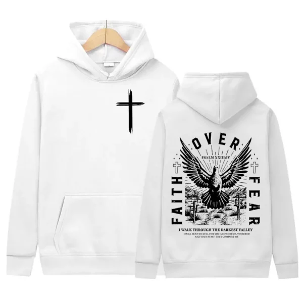 Sweat à capuche imprimé Jésus sur la peur pour hommes et femmes, sweat-shirt rétro chrétien, sweats à capuche sourire, sweats à capuche rétro, mode Harajuku, lettre inversée – Image 2