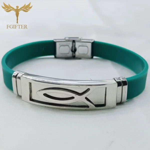 Bracelets en acier inoxydable avec symboles de poisson de Jésus, bijoux de religion chrétienne Lchthus, bracelet en caoutchouc coloré, bracelets simples – Image 8