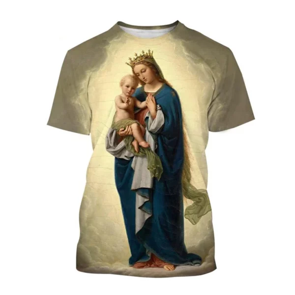 Vente chaude Vierge Marie 3D imprimé T-shirt Personnalité Christianisme Mère De Dieu Sainte Enfant T-shirts Décontracté à manches courtes T-shirt – Image 17