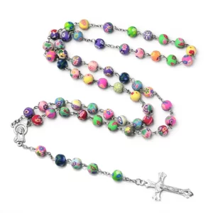Chapelet multicolore en perles d'argile polymère pour femmes, pendentif Crucifix INRI, chaîne Fimo, bijoux religieux féminins