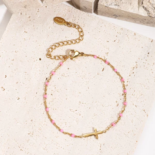 ZMZY – Bracelets Boho en acier inoxydable pour filles, chaîne fine, couleur or, rose pêche, breloque croisée, beau cadeau – Image 3