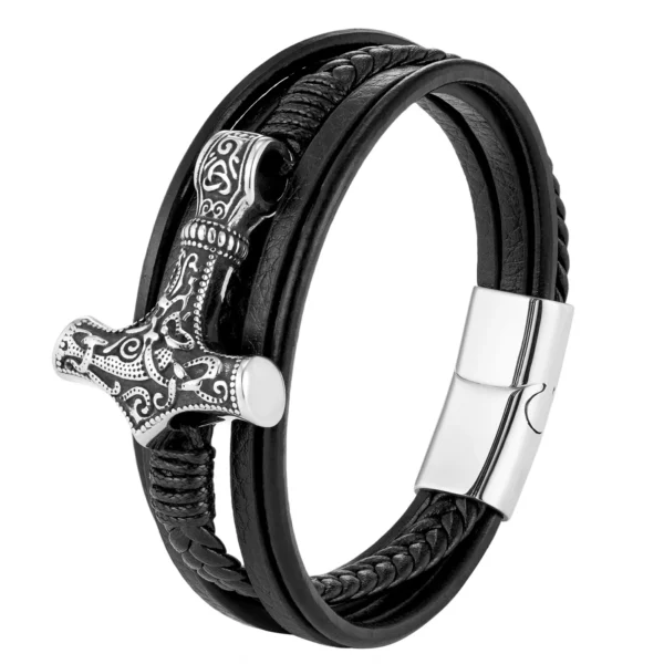 Bracelet Viking rétro en acier inoxydable pour hommes, tressé en cuir véritable, accessoire de beau cadeau à la mode, bijoux – Image 5