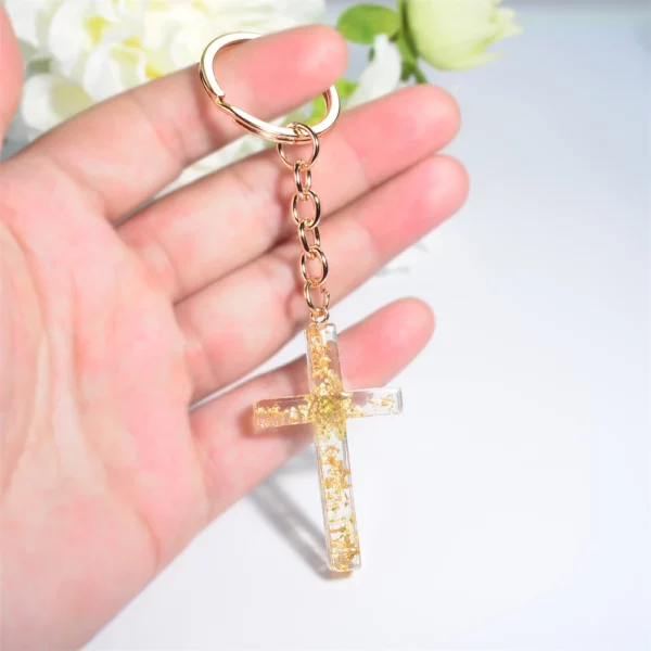 Porte-clés en résine étoile fleur sèche pour hommes et femmes, porte-clés en métal, croix de proximité, pendentif de sac à main de voiture, cadeau chrétien, mode – Image 7