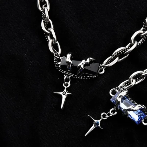 Breloque croisée en pierre de cristal pour femmes et hommes, Style Punk, étoile, couleur argent, chaîne réglable, cristal noir et bleu – Image 11