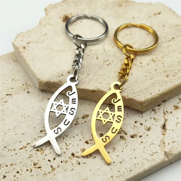 Ichthile-Clé Creuse en Acier Inoxydable pour Homme et Femme, Bijoux en Forme de Poisson de Jésus, Hexagramme Étoile de FC, K3535S02 – Image 12