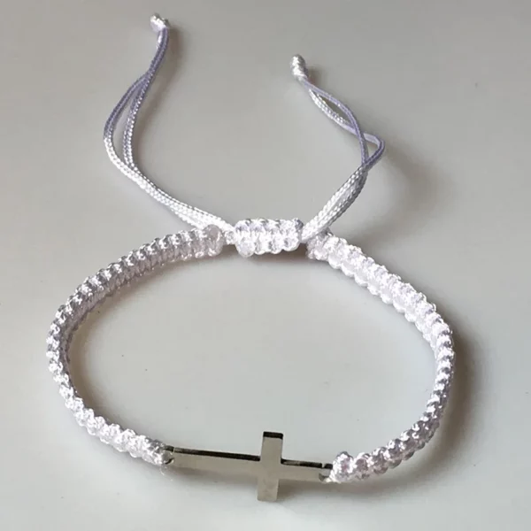 Bracelets de Couple en corde tressée, croix Simple, noir et blanc, couleur argent, réglable, bijoux chrétiens – Image 5