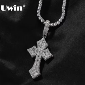 UWIN Baguettecz croix pendentif colliers glacé zircon cubique jésus croix charmes bijoux de mode pour cadeaux