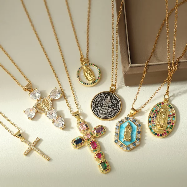 Nouveau en été couleur or bijoux pour Boho Croix et Vierge Marie Collier Pour Femmes En Acier Inoxydable Longue Chaîne Jésus Choker – Image 2