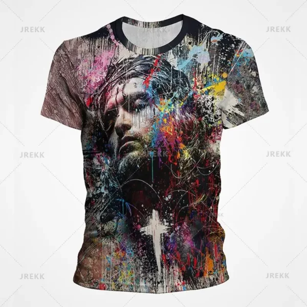 T-shirt à manches courtes imprimé 3D pour hommes et femmes, vêtements de rue décontractés, vêtements vintage, impression graphique du Christ Jésus, pop et hip hop, été – Image 10