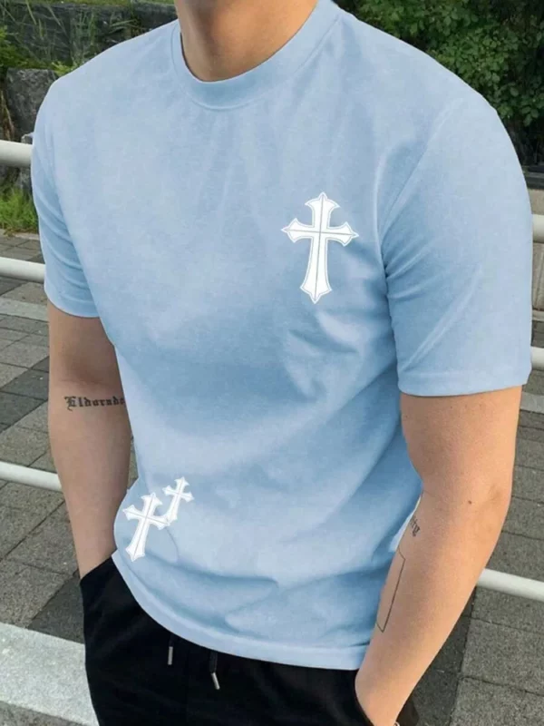T-shirt à manches courtes imprimé religieux pour hommes, haut croisé, mode de rue décontractée, été, 03 – Image 8