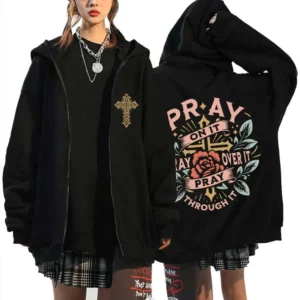 Pray on It Pray Over It T Pray Through It Christian Jesus Sweat à capuche avec fermeture éclair pour hommes et femmes, mode Vintage surdimensionné, veste zippée