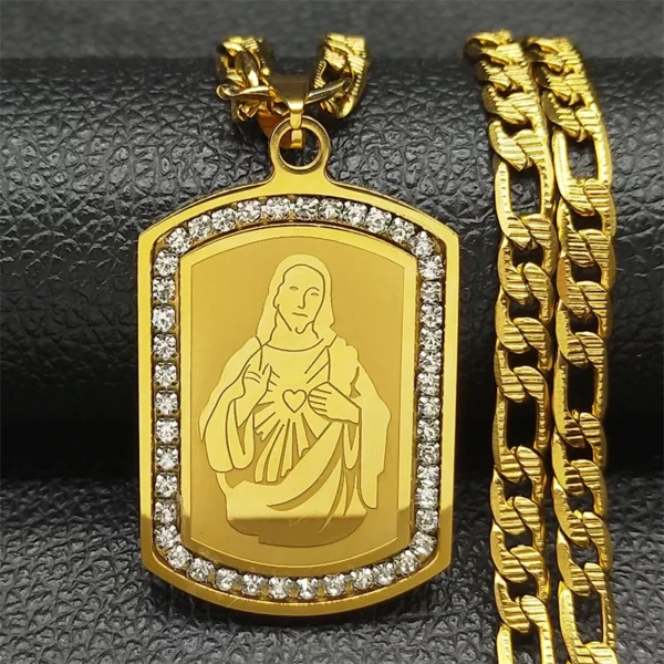 Collier pendentif coeur sacré jésus pour femmes et hommes, en acier inoxydable, strass, couleur or, amulette de foi, chaîne masculine, bijoux cadeaux – Image 3