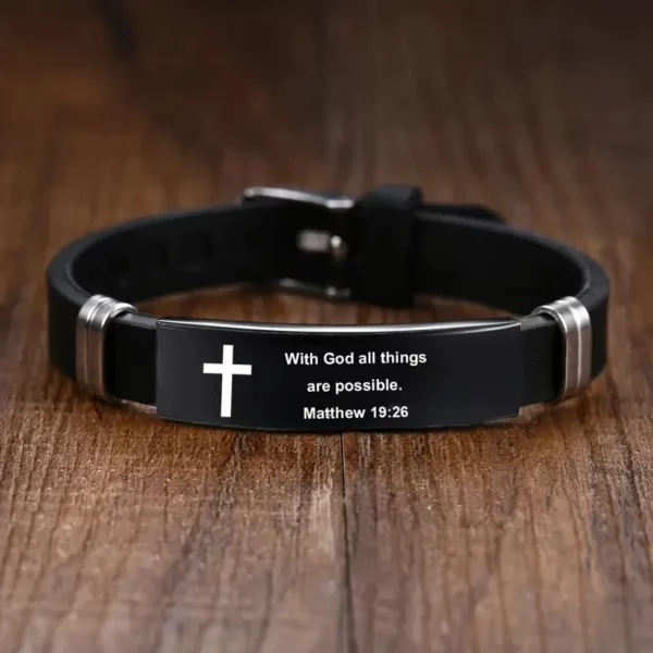 Bracelet verset de la Bible avec croix chrétienne, en acier inoxydable noir, Bracelets de foi inspirants pour hommes et femmes, bijoux – Image 2