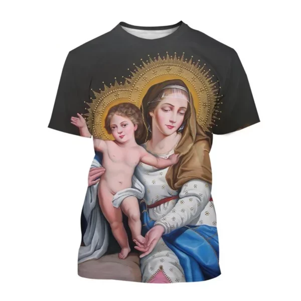 Vente chaude Vierge Marie 3D imprimé T-shirt Personnalité Christianisme Mère De Dieu Sainte Enfant T-shirts Décontracté à manches courtes T-shirt – Image 4