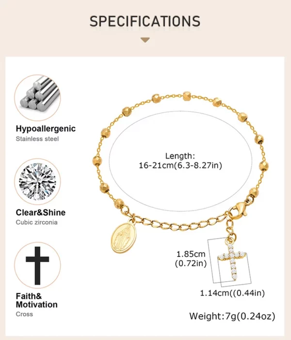 Bracelet chapelet croisé en zircone cubique pour femmes, lien réglable Mary en acier inoxydable, cadeau de bijoux religieux – Image 12