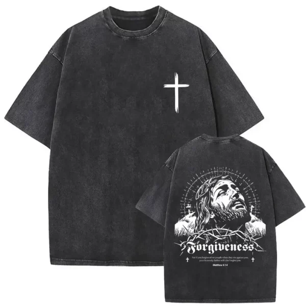 T-shirt délavé Vintage pour hommes et femmes, style religieux chrétien, jésus pardonne le père, gothique Rock, surdimensionné, Streetwear – Image 12