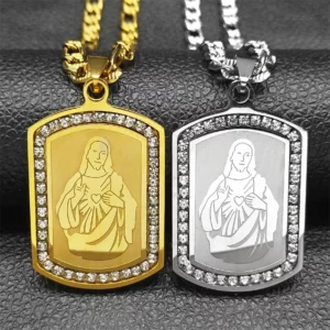 Collier pendentif coeur sacré jésus pour femmes et hommes, en acier inoxydable, strass, couleur or, amulette de foi, chaîne masculine, bijoux cadeaux