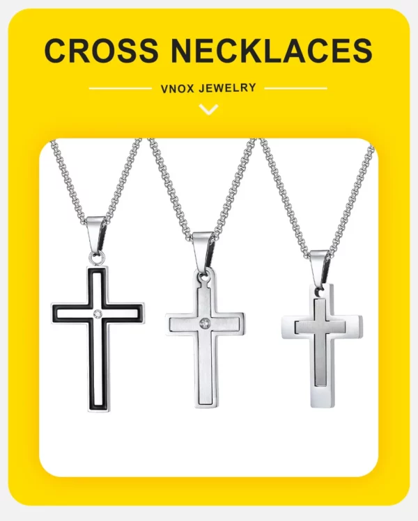 Vnox – colliers unisexes avec pendentifs croisés en acier inoxydable, collier croisé du Christ incrusté au centre de Zircon pour hommes et femmes, bijoux de foi – Image 11