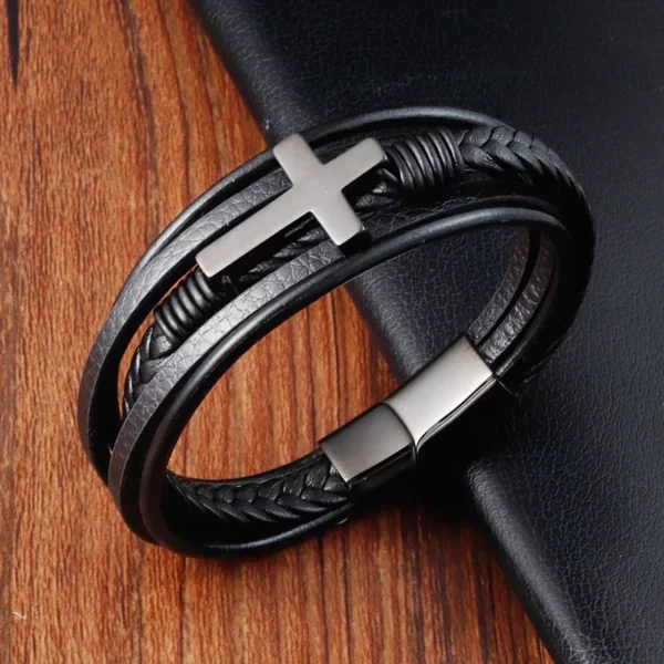 Bracelet Vintage en cuir véritable pour hommes, en acier inoxydable, tissé, croix, multicouche, accessoire de bijoux, cadeau – Image 14