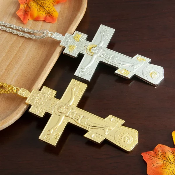 Collier avec pendentif croix pectorale plaquée or, Crucifix orthodoxe de jésus-Christ, pour prêtre et croyants – Image 2