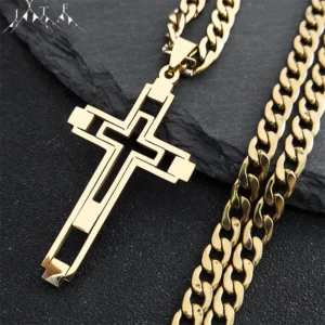 Colliers Hip Hop croix en acier inoxydable, chaîne, couleur or, Long pendentif, pour femmes/hommes, bijoux, N6055S05, 2024