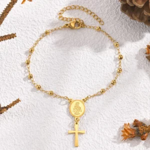 Bracelet réglable chapelet croisé pour femmes, bijoux de catholicisme chrétien de la vierge marie plaqués or