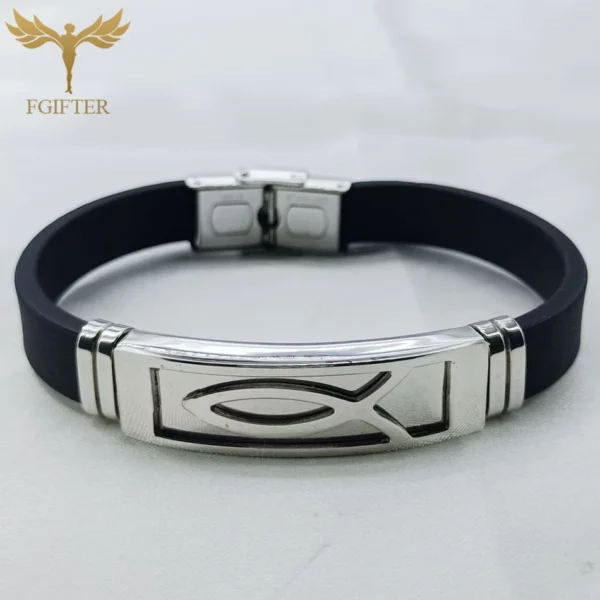 Bracelets en acier inoxydable avec symboles de poisson de Jésus, bijoux de religion chrétienne Lchthus, bracelet en caoutchouc coloré, bracelets simples – Image 10