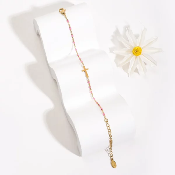 ZMZY – Bracelets Boho en acier inoxydable pour filles, chaîne fine, couleur or, rose pêche, breloque croisée, beau cadeau – Image 4