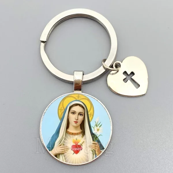 Porte-clés Jésus Sacré-Cœur Vierge Marie, porte-clés en verre breton, bijoux catholiques pour hommes et femmes, cadeaux – Image 9