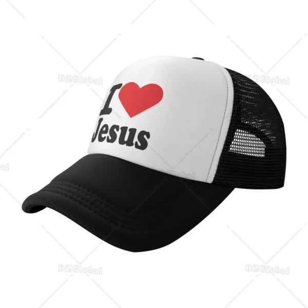 Chapeau de camionneur imprimé I Love Jesus pour hommes et femmes, casquette de baseball en maille, chapeaux de soleil, casquette de cowboy, chapeau de papa d'été, noir – Image 15
