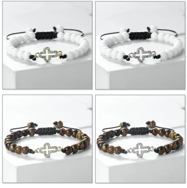 Bracelet tressé réglable en pierre naturelle de 6 mm avec pendentif croix creuse, symboles de l'harmonie spirituelle et des fées sacrées, cadeaux de yoga – Image 23