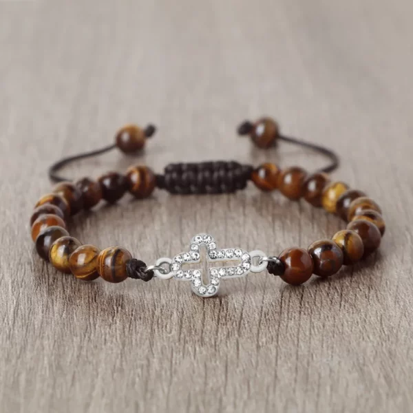 Bracelet tressé réglable en pierre naturelle de 6 mm avec pendentif croix creuse, symboles de l'harmonie spirituelle et des fées sacrées, cadeaux de yoga – Image 4