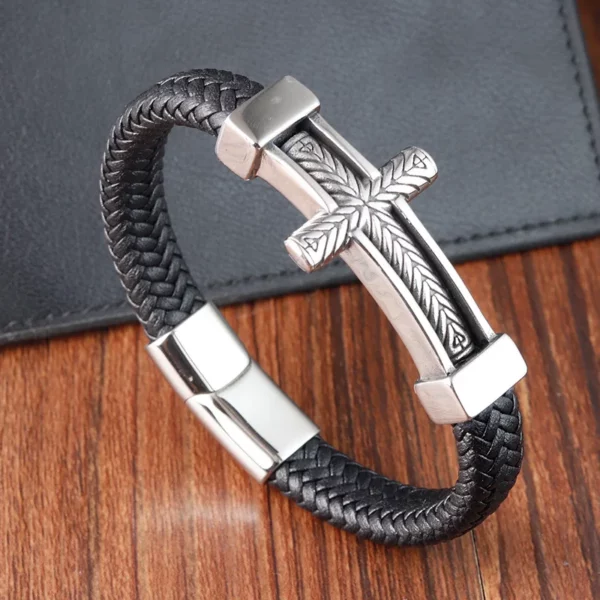 Bijoux croix Vintage en acier inoxydable, Crucifix tissé, Bracelet en cuir véritable, cadeau chrétien pour hommes – Image 3