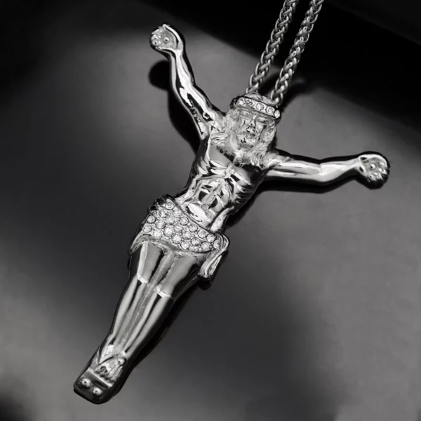 Collier croix de jésus religieux pour hommes, pendentif croix couleur or avec strass, bijoux cadeaux pour hommes, nouvelle collection – Image 4