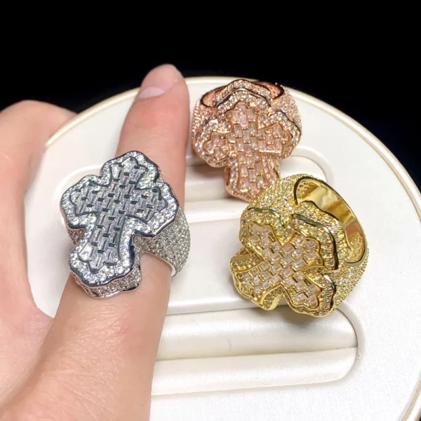 Nouveau glacé Bling CZ croix anneau plaqué or broche réglage cubique zircone grands anneaux mode Hip Hop luxe femmes hommes bijoux – Image 11