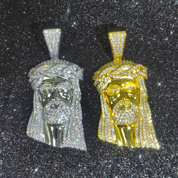 Pendentif de Jésus en diamant glacé de style hip-hop Bling, bijoux plaqués or et argent, pendentif de foi religieuse et chrétienne, cadeau – Image 3