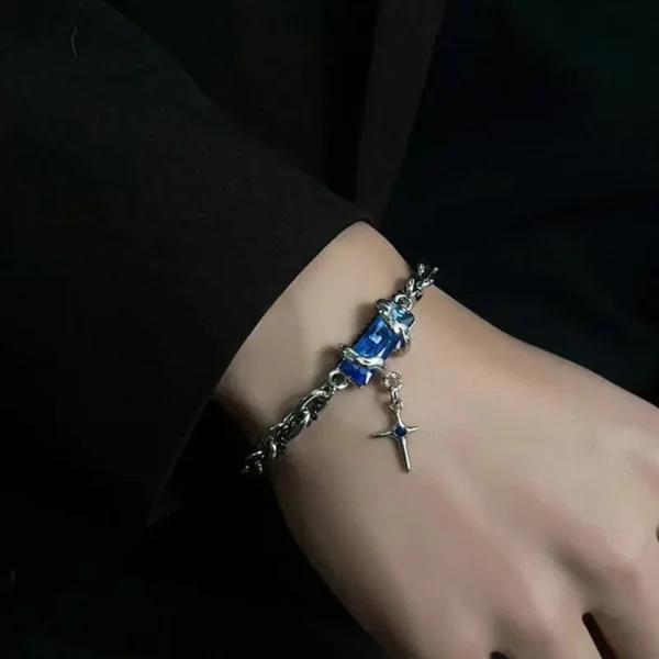 Breloque croisée en pierre de cristal pour femmes et hommes, Style Punk, étoile, couleur argent, chaîne réglable, cristal noir et bleu – Image 5